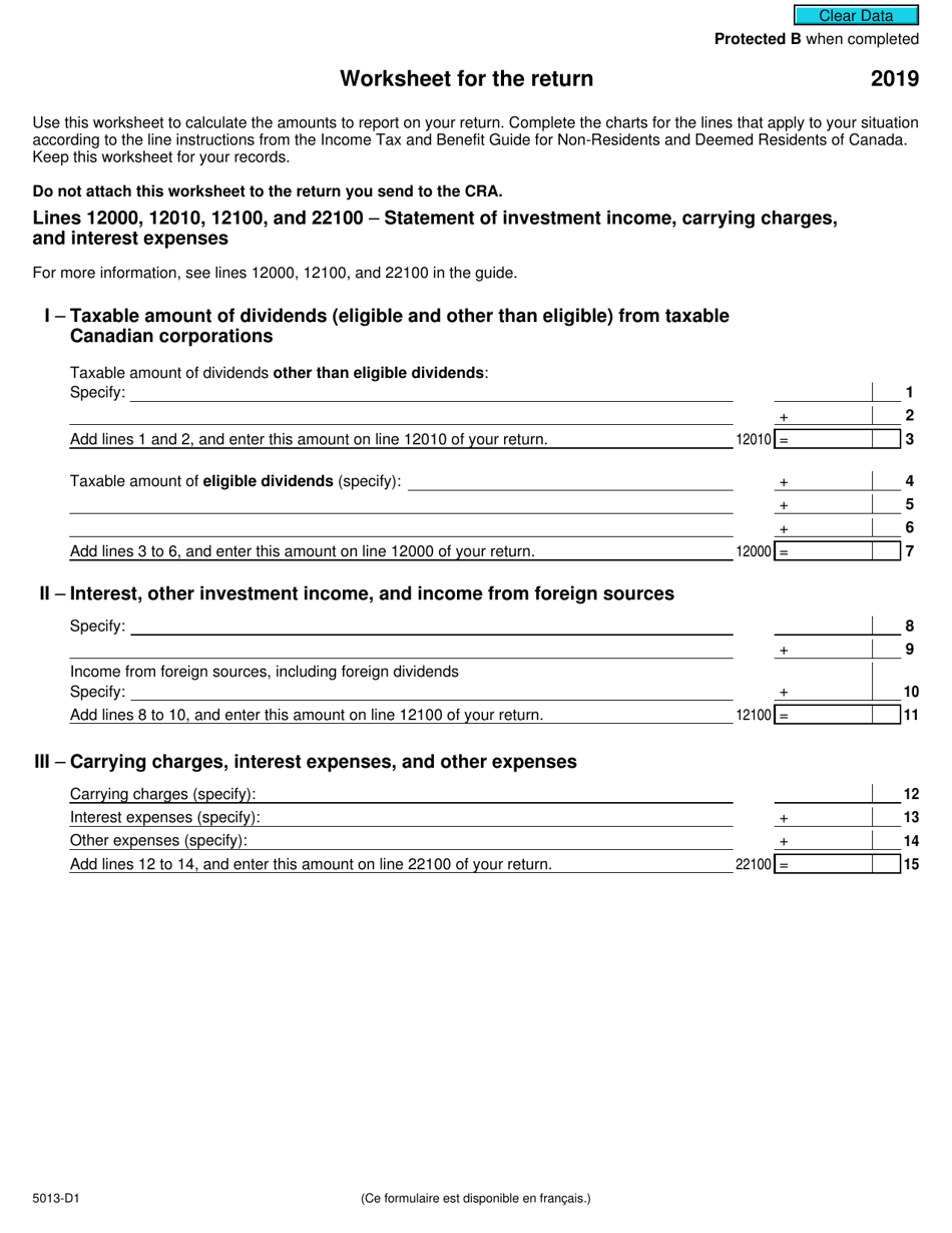 Form 5013-D1 Worksheet for the Return - Non-residents and Deemed Residents of Canada - Canada, Page 1