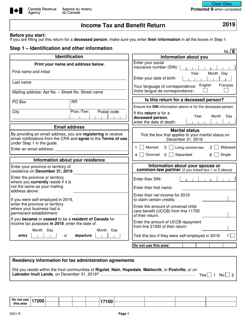 Form 5001-R Income Tax and Benefit Return - Newfoundland and Labrador - Canada, Page 1