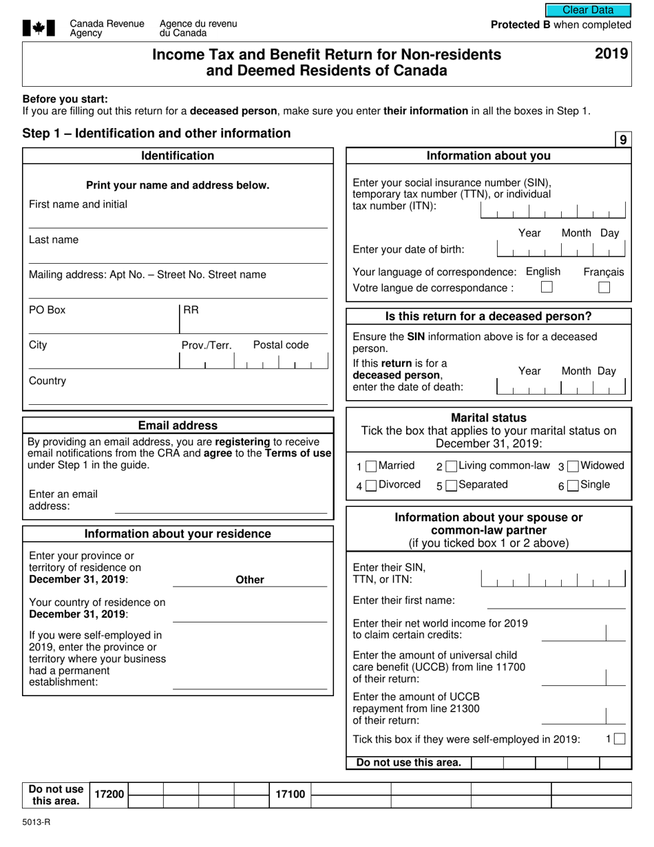 Form 5013 R Download Fillable Pdf Or Fill Online Income Tax And Benefit Return For Non Residents And Deemed Residents Of Canada 19 Canada Templateroller