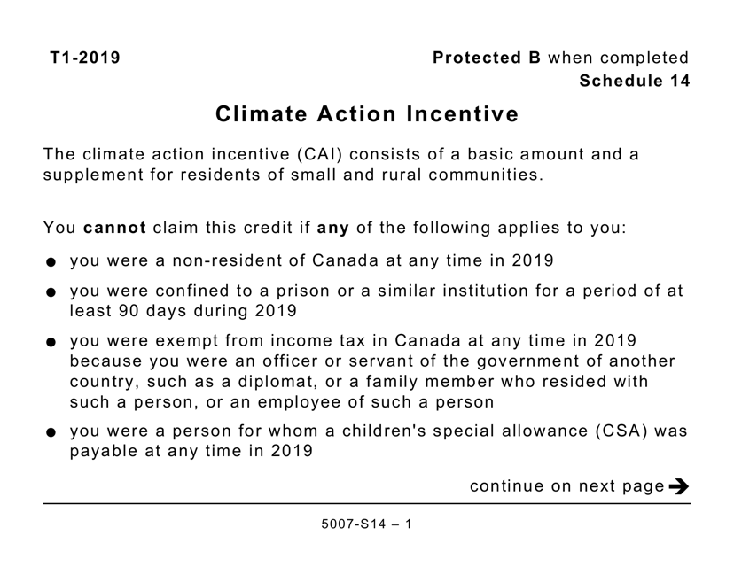 Form 5007-S14 Schedule 14 Climate Action Incentive - Manitoba (Large Print) - Canada, 2019