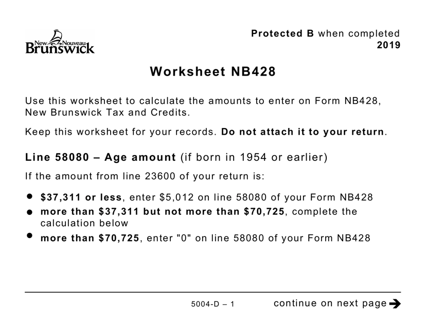 Form 5004-D Worksheet NB428 New Brunswick (Large Print) - Canada, 2019