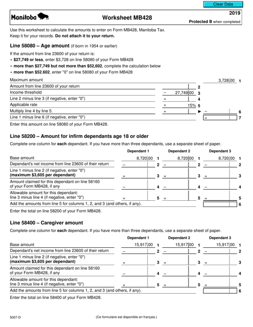 Form 5007-D Worksheet MB428 2019 Printable Pdf