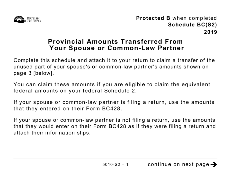 Form 5010-S2 Schedule BC(S2) Provincial Amounts Transferred From Your Spouse or Common-Law Partner (Large Print) - Canada, Page 1