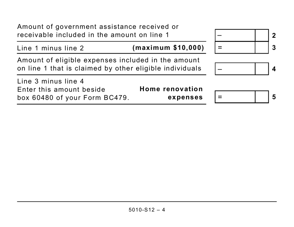Form 5010-S12 Schedule BC(S12) British Columbia Home Renovation Tax Credit for Seniors and Persons With Disabilities (Large Print) - Canada, Page 4