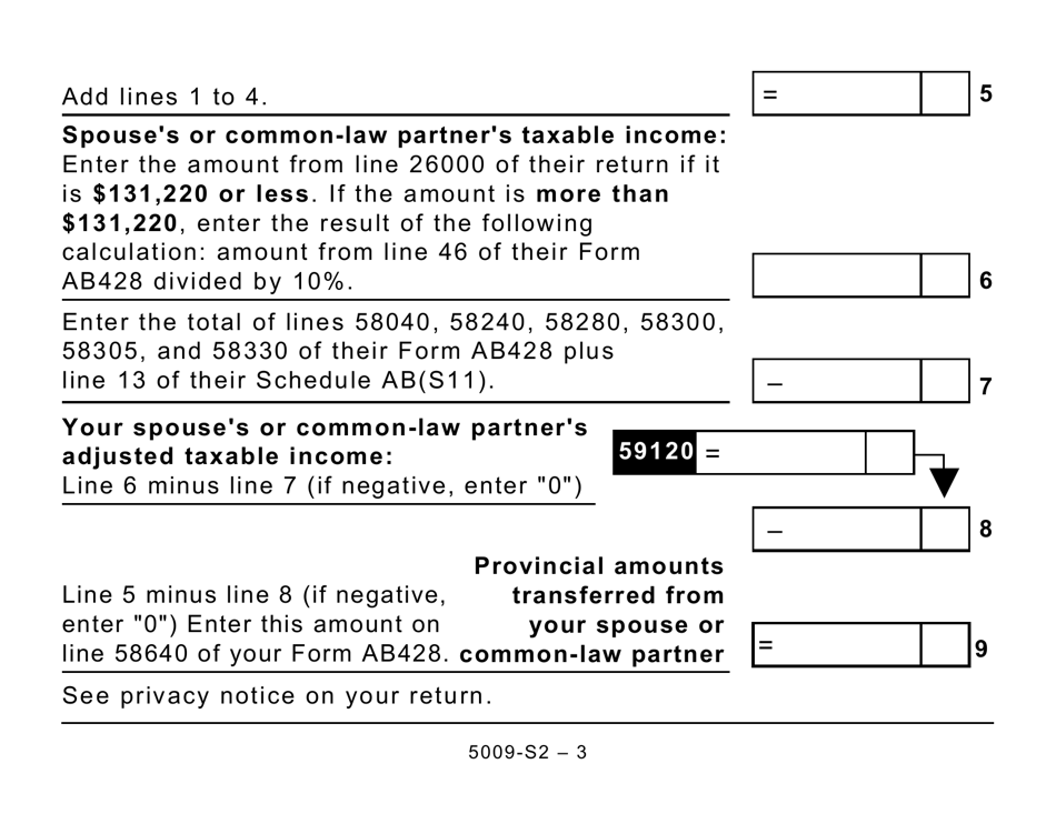 Form 5009-S2 Schedule AB(S2) Provincial Amounts Transferred From Your Spouse or Common-Law Partner - Alberta (Large Print) - Canada, Page 3