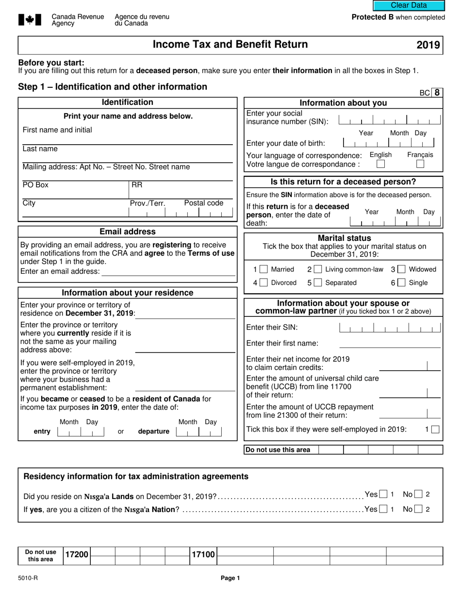 Form 5010-R Income Tax and Benefit Return - Canada (English / French), Page 1
