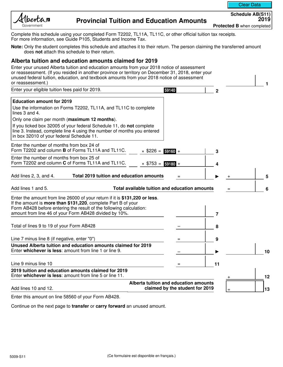 Form 5009-S11 Schedule AB(S11) Provincial Tuition and Education Amounts - Alberta - Canada, Page 1