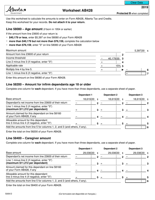 Form 5009-D Worksheet AB428 2019 Printable Pdf