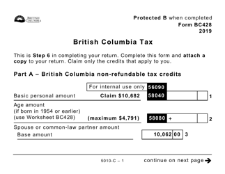 Document preview: Form 5010-C (BC428) British Columbia Tax (Large Print) - Canada, 2019