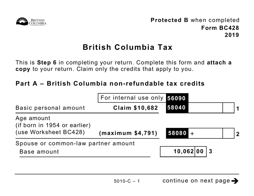 Form 5010-C (BC428) British Columbia Tax (Large Print) - Canada, 2019