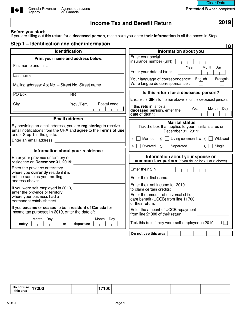Form 5015-R Income Tax and Benefit Return - Alberta, Manitoba, Saskatchewan - Canada, Page 1