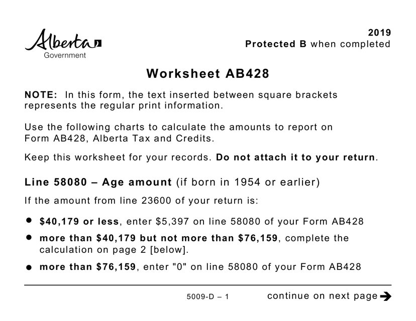 Form 5009-D Worksheet AB428 2019 Printable Pdf