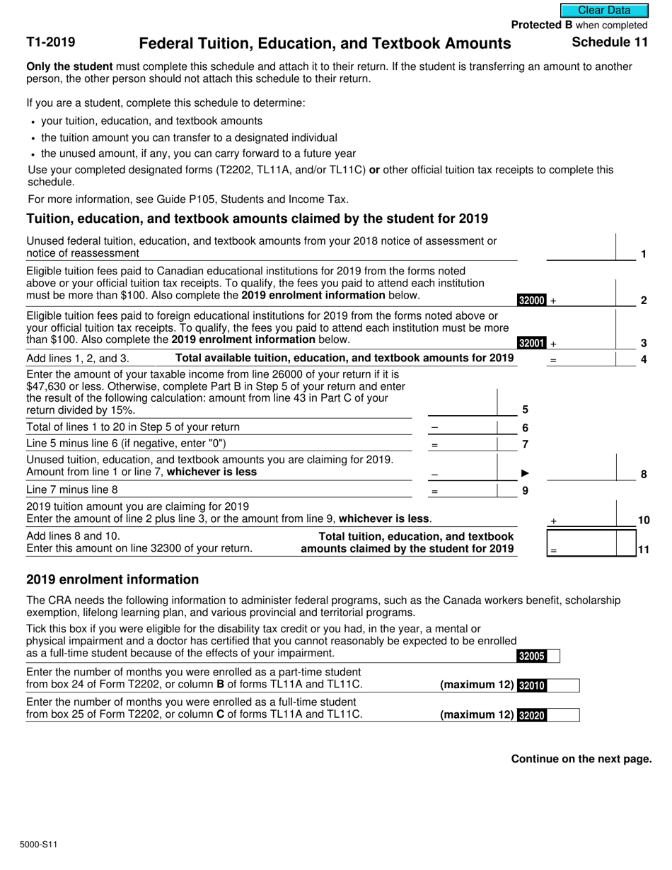 Form 5000-S11 Schedule 11 Federal Tuition, Education, and Textbook Amounts - Canada, Page 1