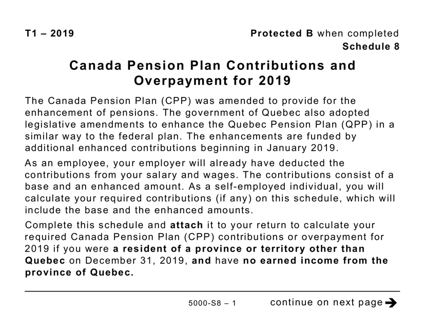 Form 5000-S8 Schedule 8 Canada Pension Plan Contributions and Overpayment (Large Print) - Canada, 2019
