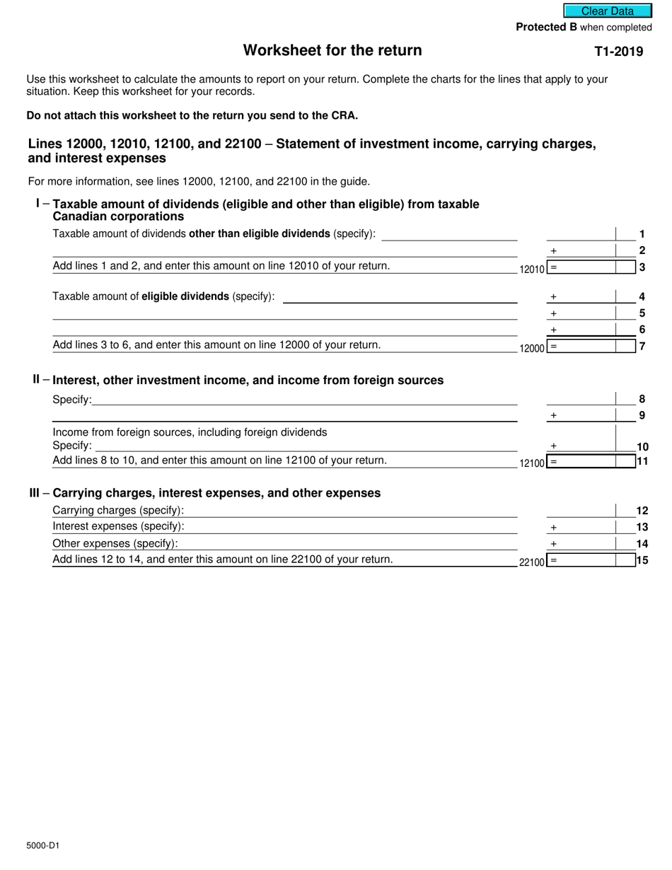 Form 5000-D1 Worksheet for the Return - Canada, Page 1