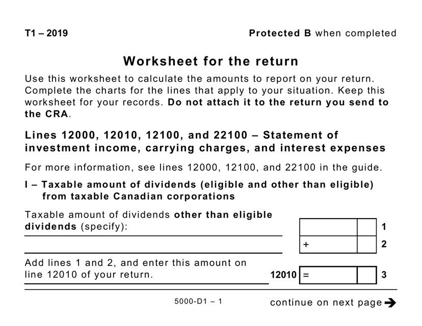 Form 5000-D1 Worksheet for the Return (Large Print) - Canada, 2019