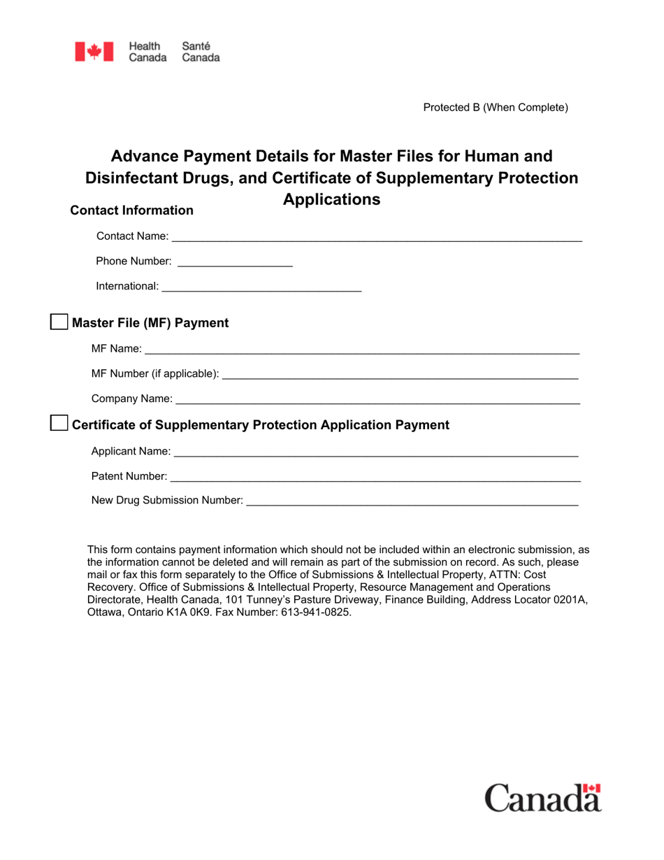 Advance Payment Details for Master Files for Human and Disinfectant Drugs, and Certificate of Supplementary Protection Applications - Canada, Page 1