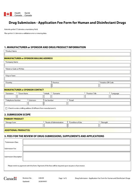 Drug Submission - Application Fee Form for Human and Disinfectant Drugs - Canada Download Pdf