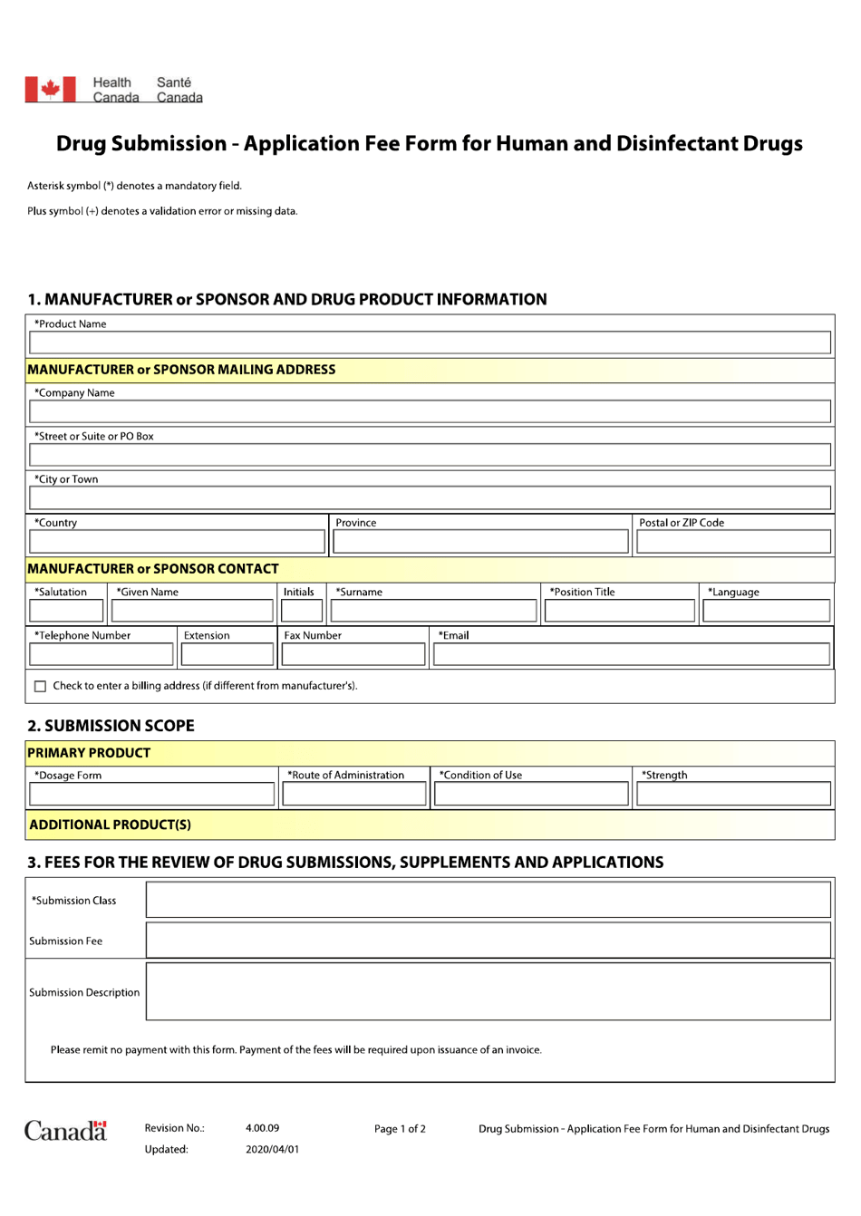 Canada Drug Submission Application Fee Form for Human and