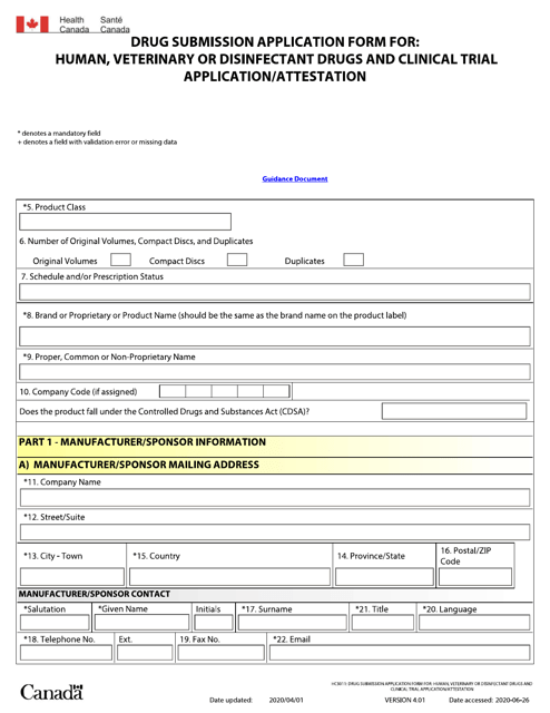 Drug Submission Application Form for: Human, Veterinary or Disinfectant Drugs and Clinical Trial Application / Attestation - Canada Download Pdf