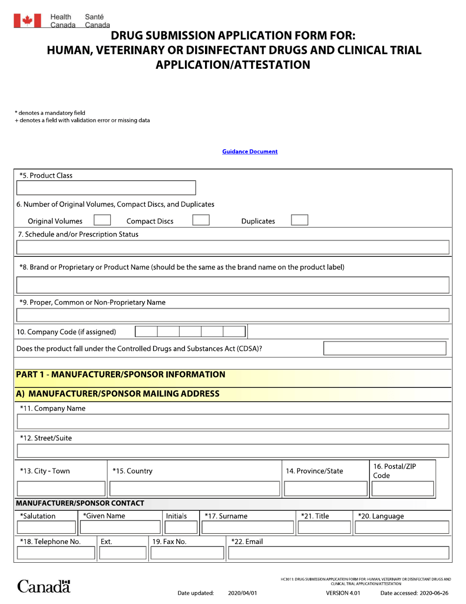 Drug Submission Application Form for: Human, Veterinary or Disinfectant Drugs and Clinical Trial Application / Attestation - Canada, Page 1