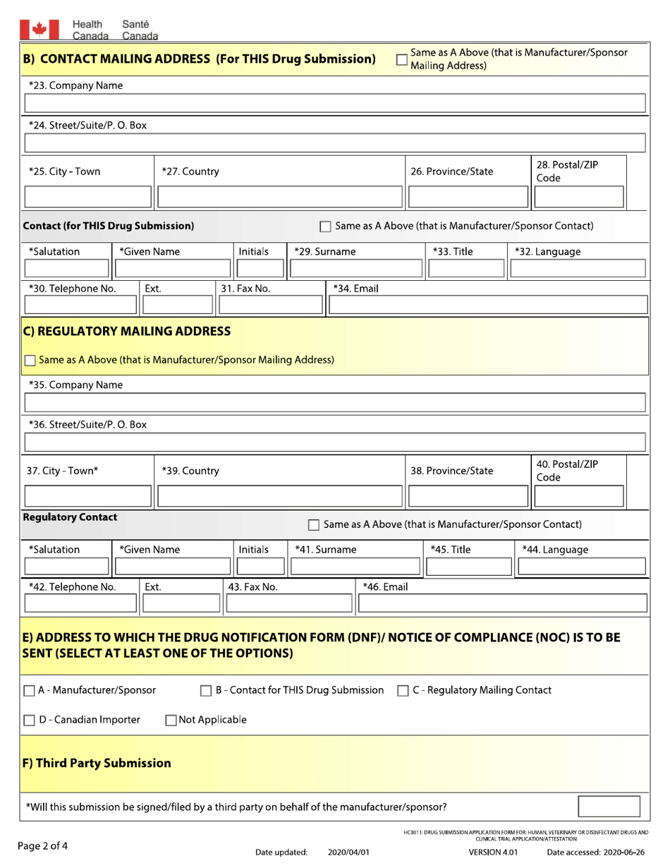 Drug Submission Application Form for: Human, Veterinary or Disinfectant Drugs and Clinical Trial Application / Attestation - Canada, Page 2