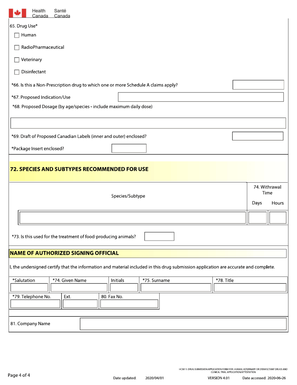 Drug Submission Application Form for: Human, Veterinary or Disinfectant Drugs and Clinical Trial Application / Attestation - Canada, Page 4
