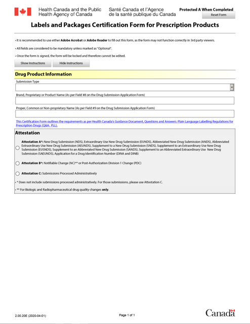 &quot;Labels and Packages Certification Form for Prescription Products&quot; - Canada Download Pdf