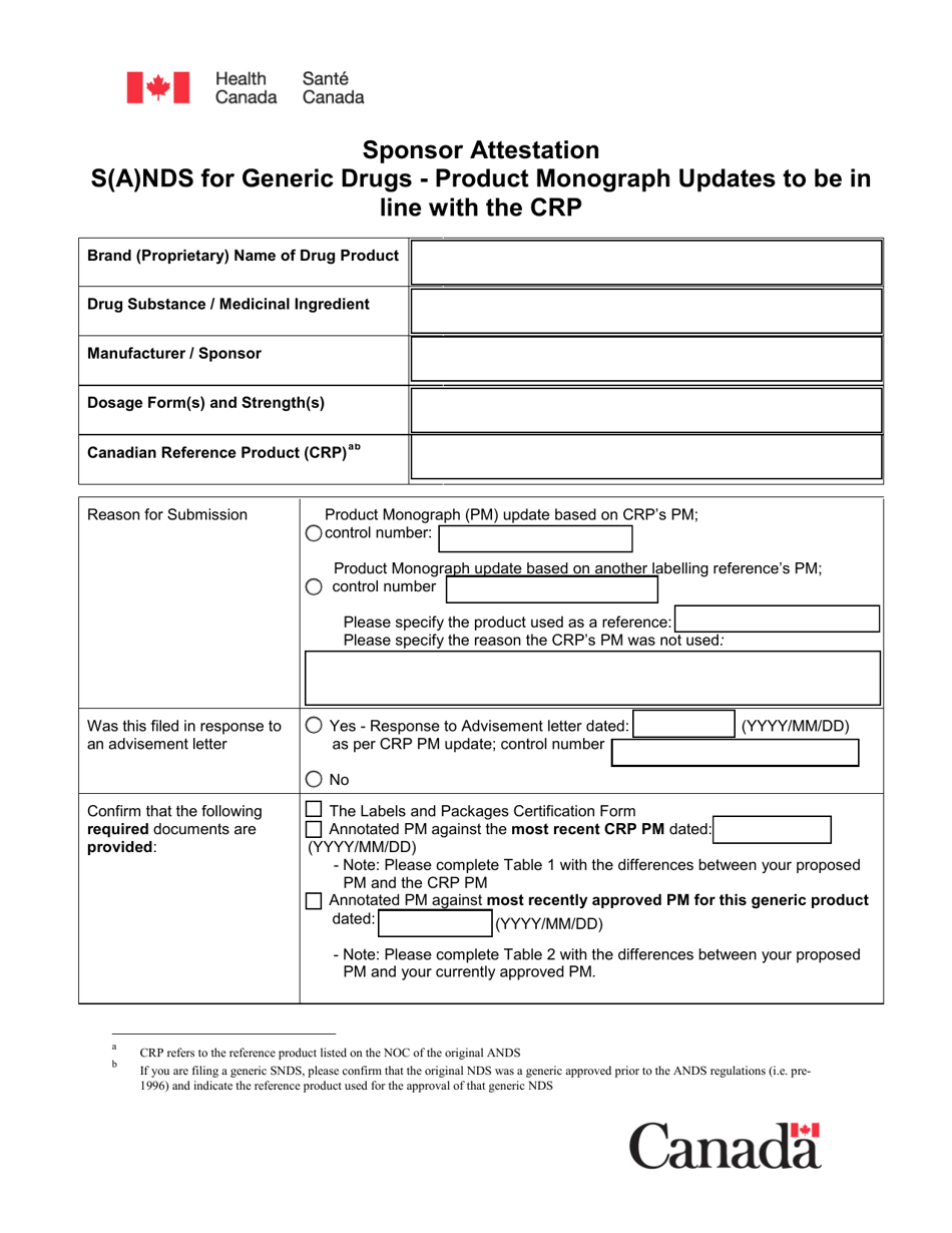 Sponsor Attestation S(A)nds for Generic Drugs - Product Monograph Updates to Be Line With the Crp - Canada, Page 1