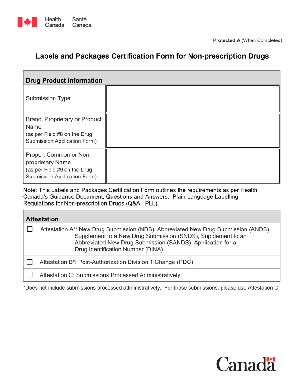 Labels and Packages Certification Form for Non-prescription Drugs - Canada, Page 1