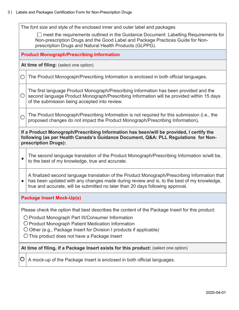 Labels and Packages Certification Form for Non-prescription Drugs - Canada, Page 3