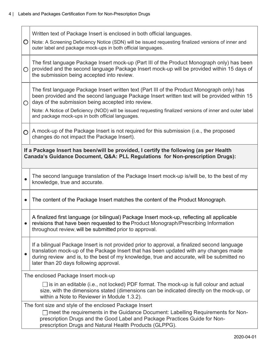 Labels and Packages Certification Form for Non-prescription Drugs - Canada, Page 4