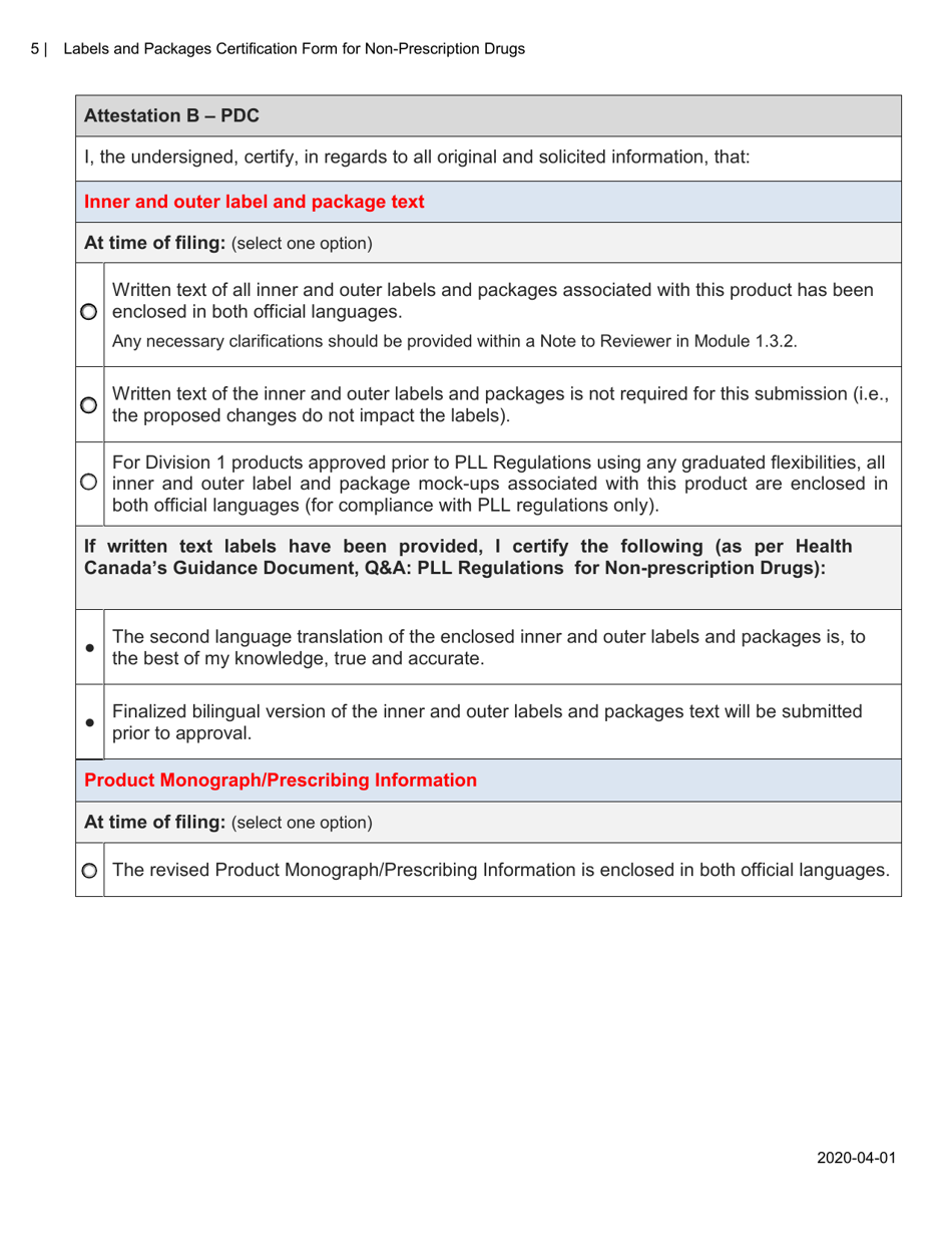 Labels and Packages Certification Form for Non-prescription Drugs - Canada, Page 5