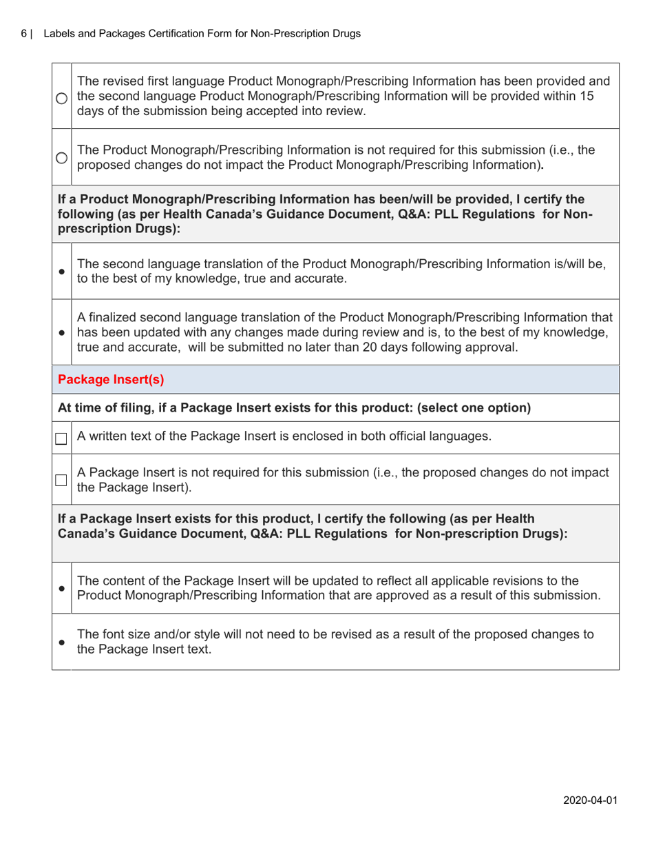 Labels and Packages Certification Form for Non-prescription Drugs - Canada, Page 6