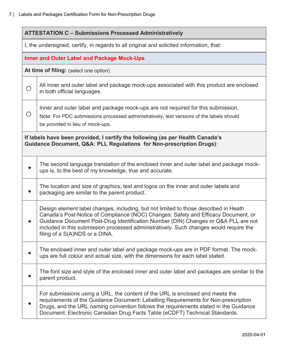 Labels and Packages Certification Form for Non-prescription Drugs - Canada, Page 7