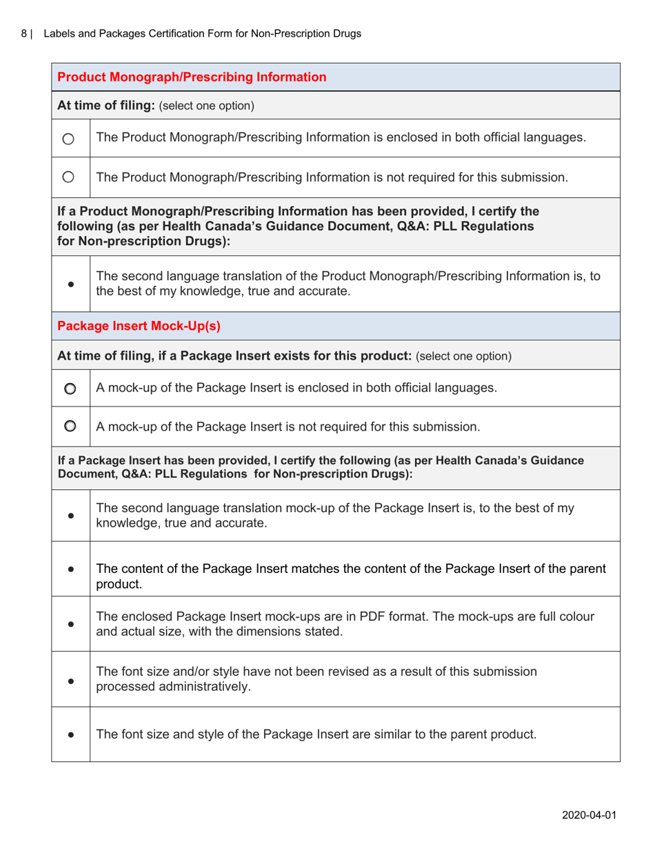 Labels and Packages Certification Form for Non-prescription Drugs - Canada, Page 8