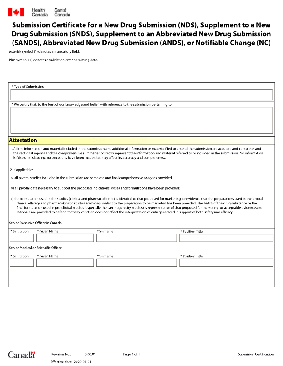 Submission Certificate for a New Drug Submission (Nds), Supplement to a New Drug Submission (Snds), Supplement to an Abbreviated New Drug Submission (Sands), Abbreviated New Drug Submission (Ands), or Notifiable Change (Nc) - Canada, Page 1