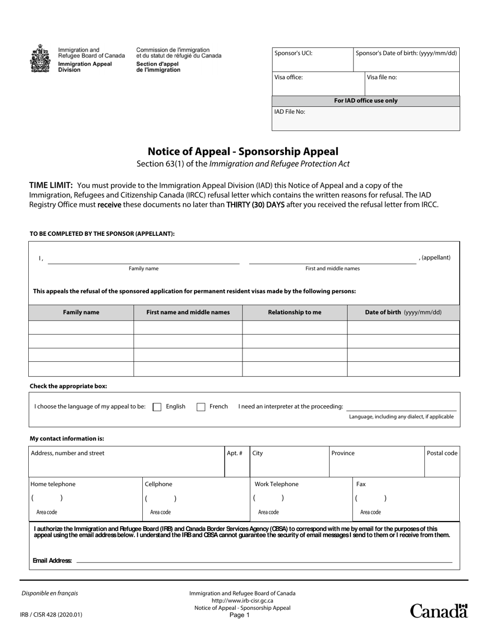 Form IRB / CISR428 Notice of Appeal - Sponsorship Appeal - Canada, Page 1