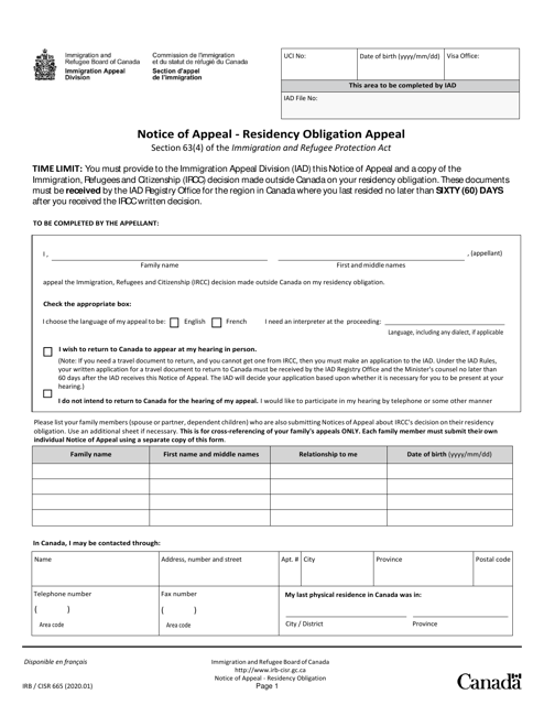 Form IRB/CISR665 Notice of Appeal - Residency Obligation Appeal - Canada