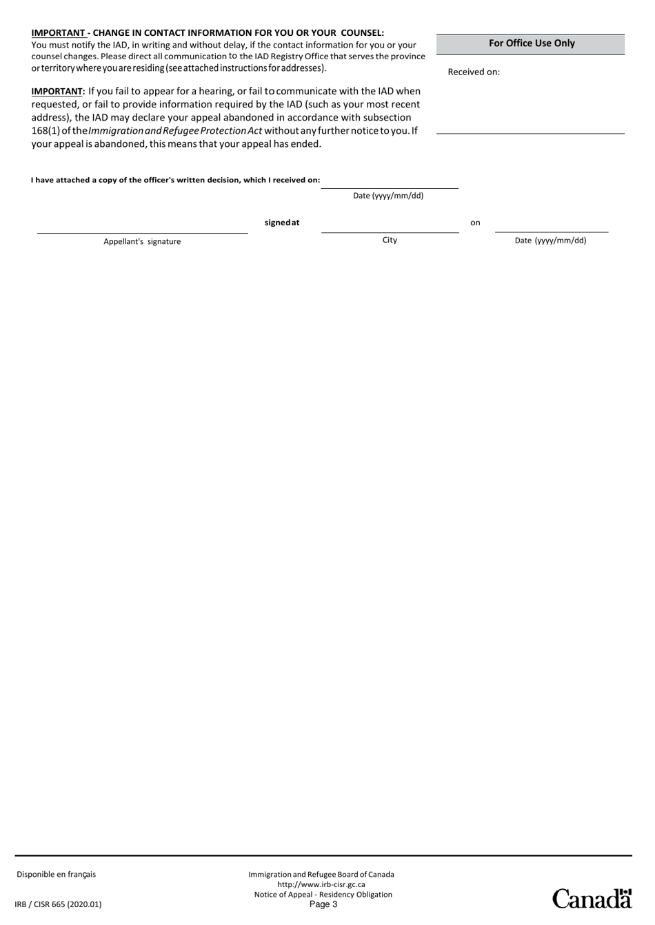 Form IRB / CISR665 Notice of Appeal - Residency Obligation Appeal - Canada, Page 3