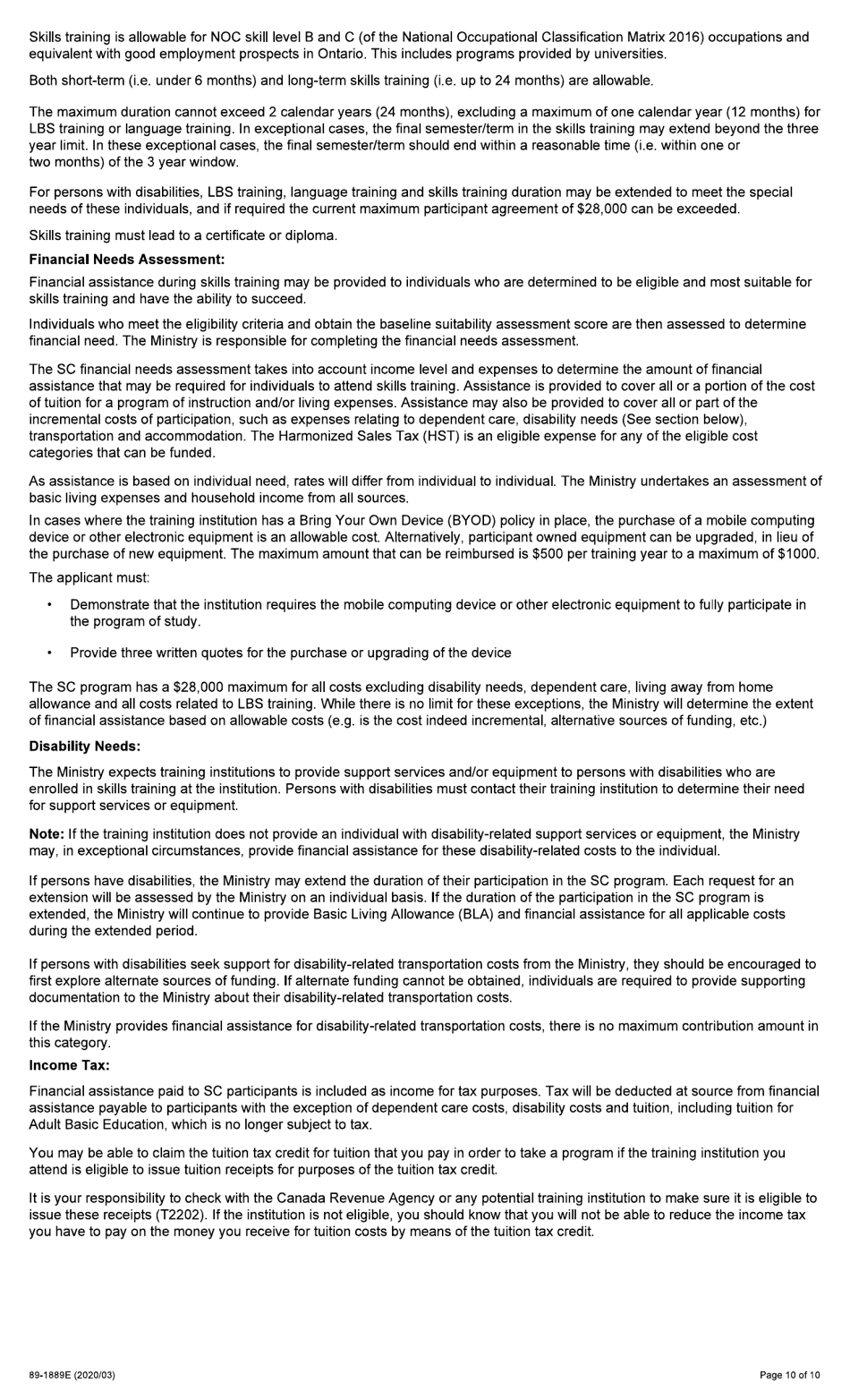 Form 89-1889E Application for Financial Assistance - Second Career (Sc) - Ontario, Canada, Page 10