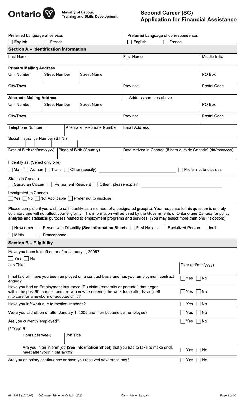 Form 89-1889E Application for Financial Assistance - Second Career (Sc) - Ontario, Canada, Page 1