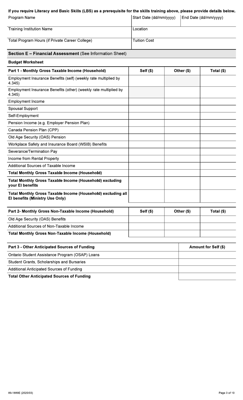 Form 89-1889E Application for Financial Assistance - Second Career (Sc) - Ontario, Canada, Page 3