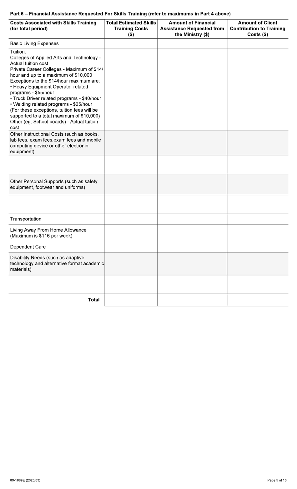 Form 89-1889E Application for Financial Assistance - Second Career (Sc) - Ontario, Canada, Page 5