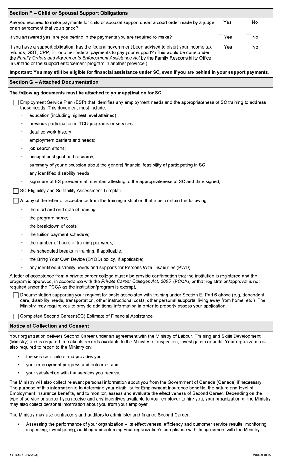 Form 89-1889E Application for Financial Assistance - Second Career (Sc) - Ontario, Canada, Page 6