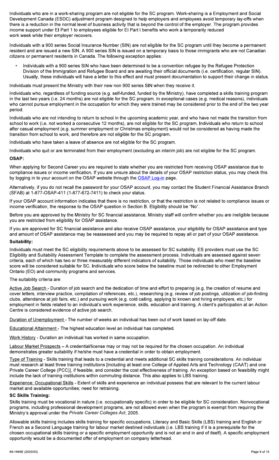 Form 89-1889E Application for Financial Assistance - Second Career (Sc) - Ontario, Canada, Page 9