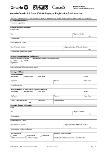 Form 2947E Canada-Ontario Job Grant (Cojg) Employer Registration for Consortium - Ontario, Canada