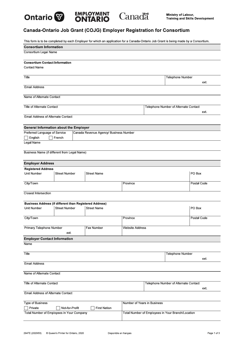 Form 2947E Canada-Ontario Job Grant (Cojg) Employer Registration for Consortium - Ontario, Canada, Page 1