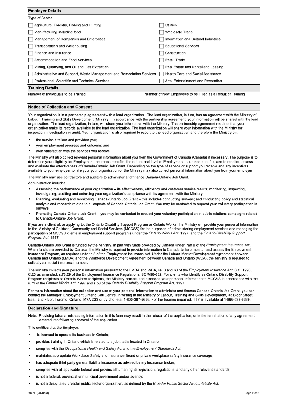 Form 2947E Canada-Ontario Job Grant (Cojg) Employer Registration for Consortium - Ontario, Canada, Page 2