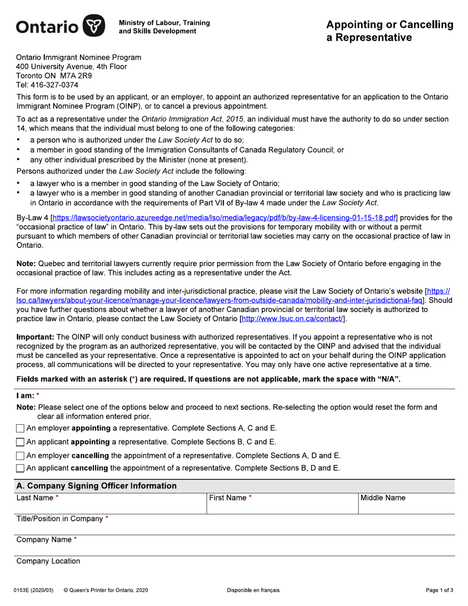 Form 0153E Appointing or Cancelling a Representative - Ontario, Canada, Page 1